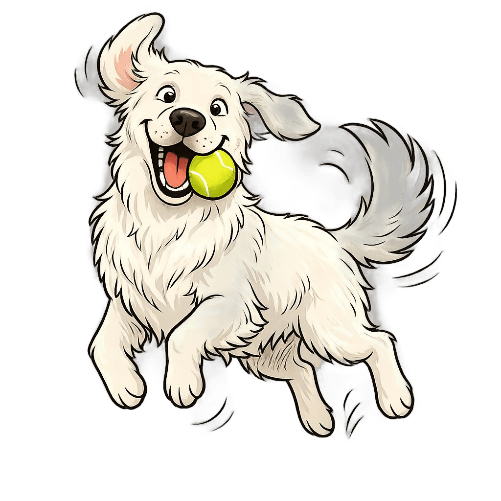 Doggy Fun Day mascot - happy golden dog with tennis ball